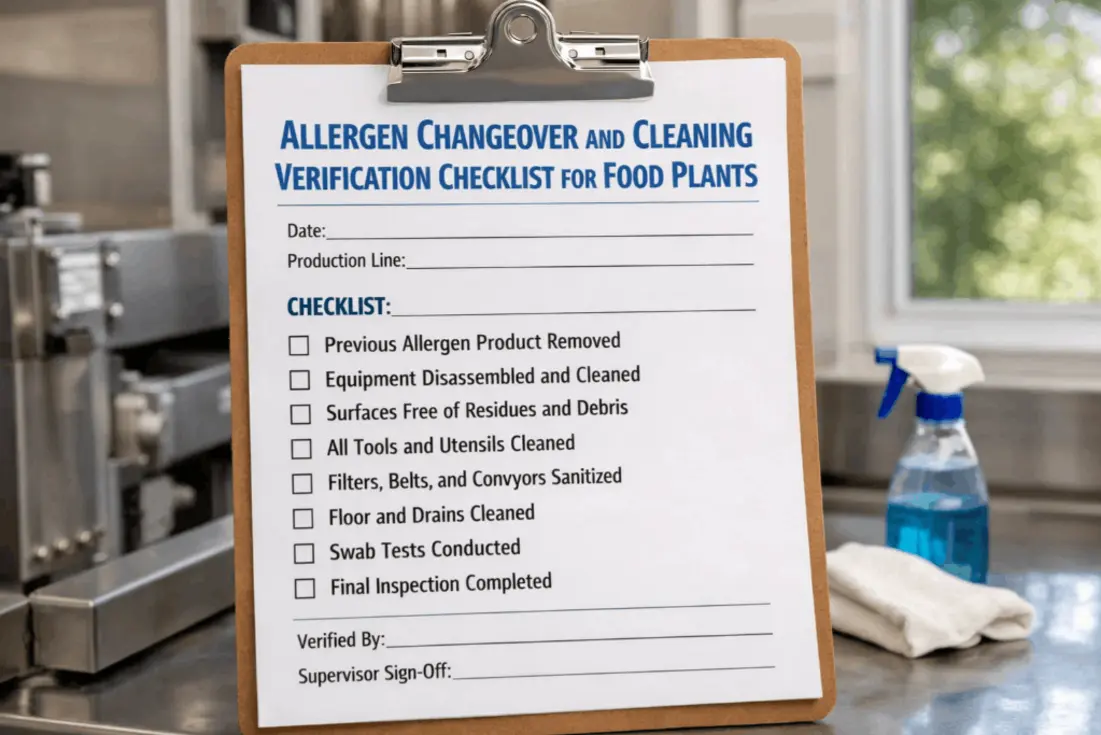 A checklist titled &ldquo;Allergen Changeover and Cleaning Verification&rdquo; stands on a clipboard in a food manufacturing facility, with a spray bottle, cloth, and industrial equipment visible nearby.