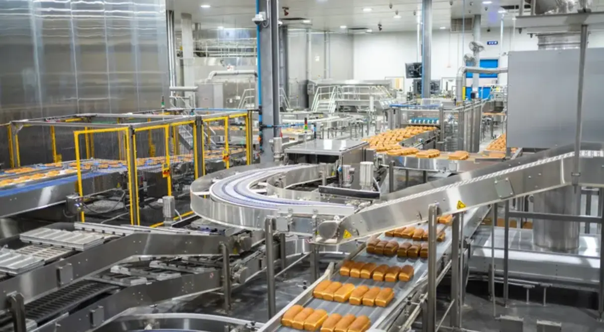 A stainless steel conveyor system in an industrial food production facility rapidly transports and packages baked goods, with safety barriers and machinery ensuring a sanitary and efficient process.