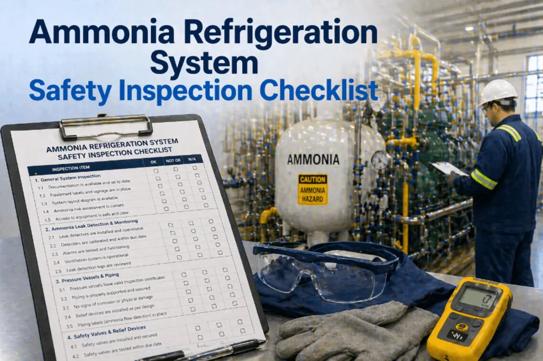 Checklist on a clipboard next to ammonia refrigeration equipment in an industrial setting.