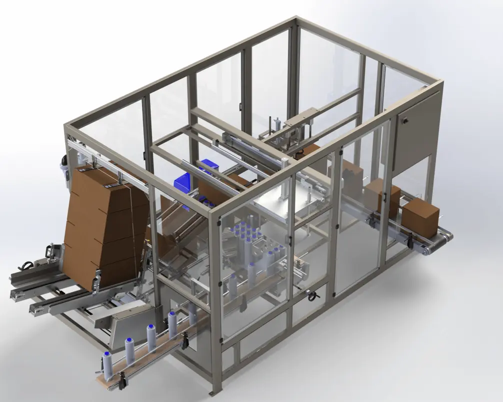 Automatic case packer setup with transparent enclosure, displaying product loading and conveyance systems.