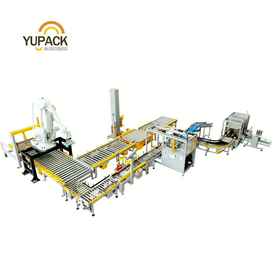 Automated packaging system with conveyors, robotic arm, and case packing area.