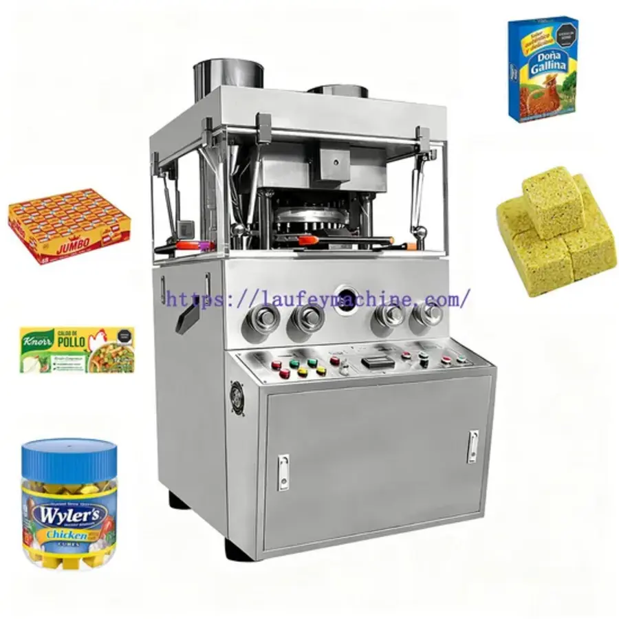 Stainless steel tablet press with forming mold, control panel, and bouillon product examples surrounding it.