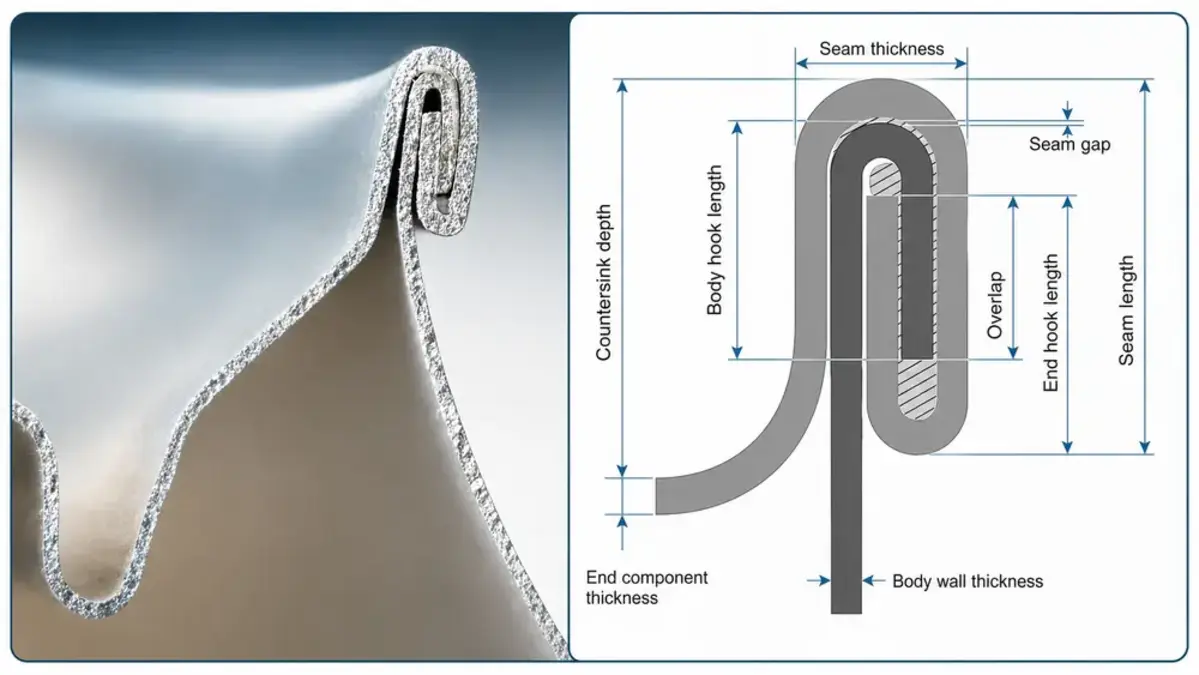 Illustration showing seam structure with labeled dimensions and components for double-seamed cans.