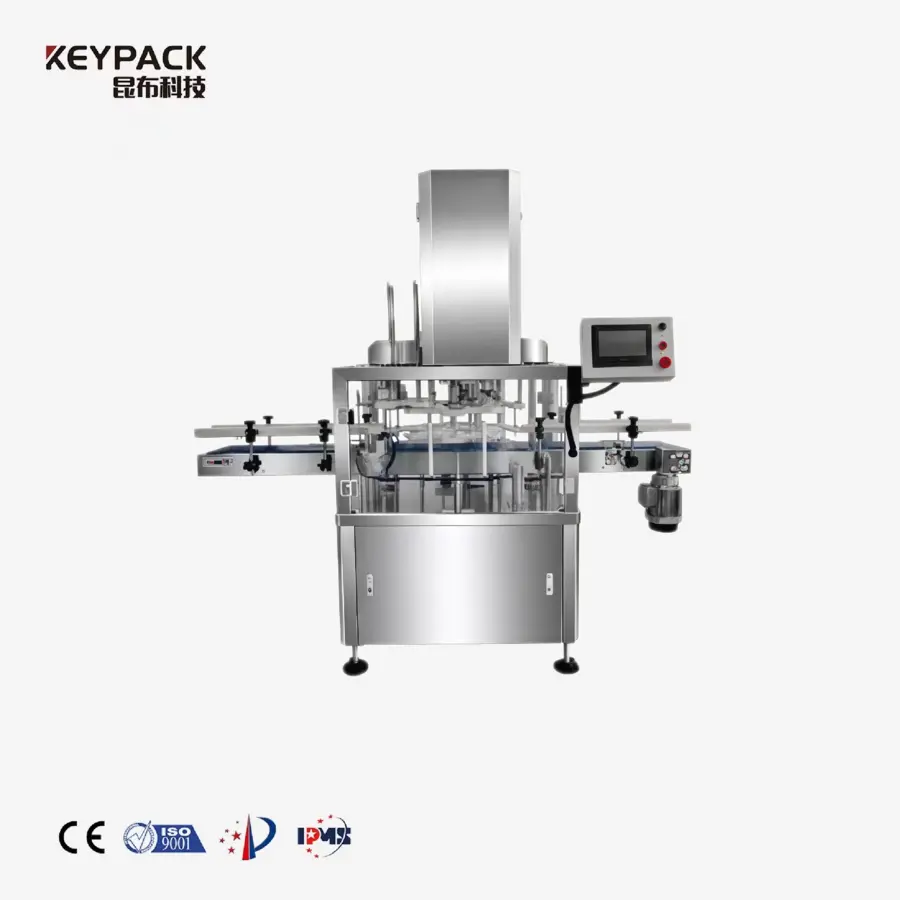 Industrial can-seaming machine with stainless steel structure and control panel for food packaging.