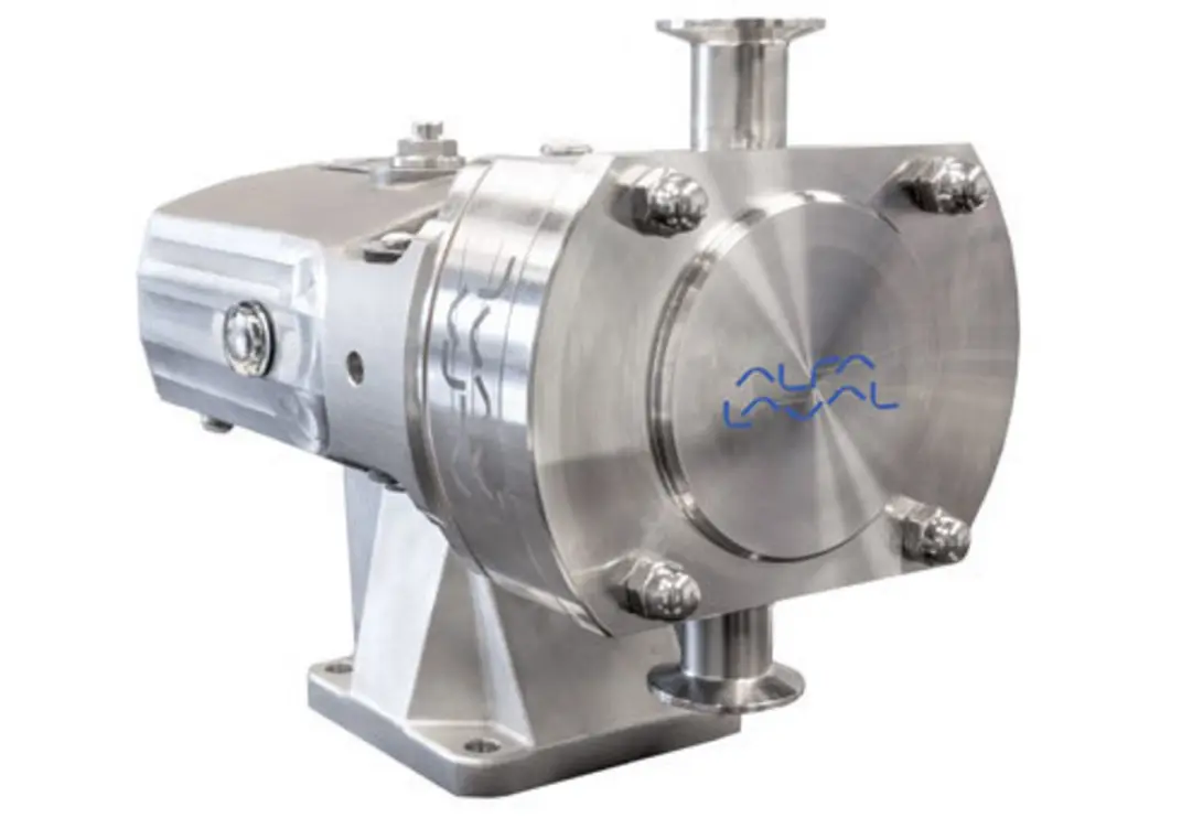 Sanitary positive displacement pump with a shiny metallic finish and a compact design.