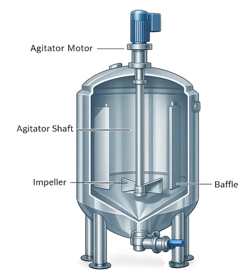 A stainless steel mixing tank features an agitator motor mounted on top, an agitator shaft extending downward with an impeller near the bottom, and internal baffles to promote uniform mixing.