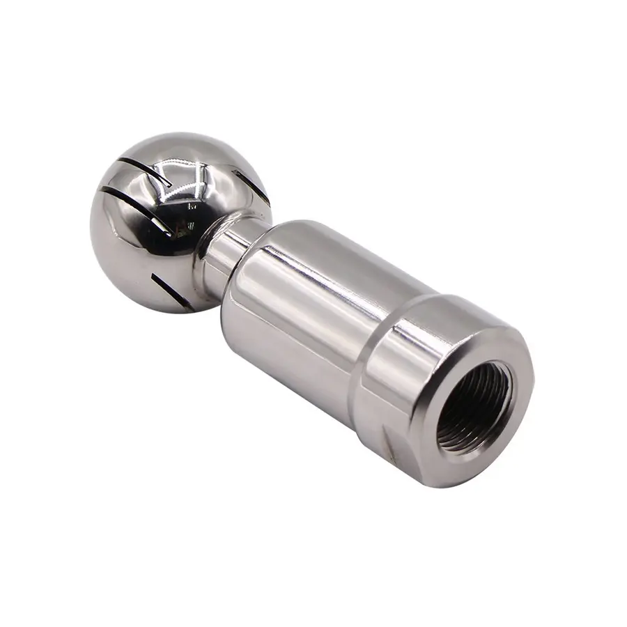 Chrome-plated cylindrical tank-cleaning device with a rounded ball end and threaded female opening.