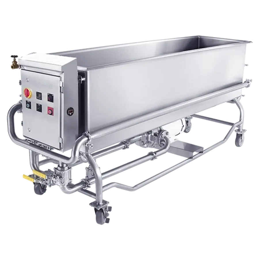 Stainless steel rectangular processing tank with control panel, piping, wheels, and support frame.