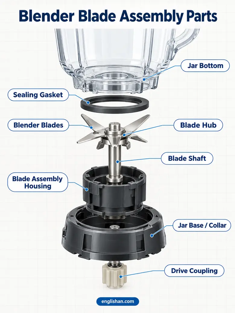 Exploded diagram of blender blade assembly showing sealing gasket, blades, shaft, housing, collar, and drive coupling.