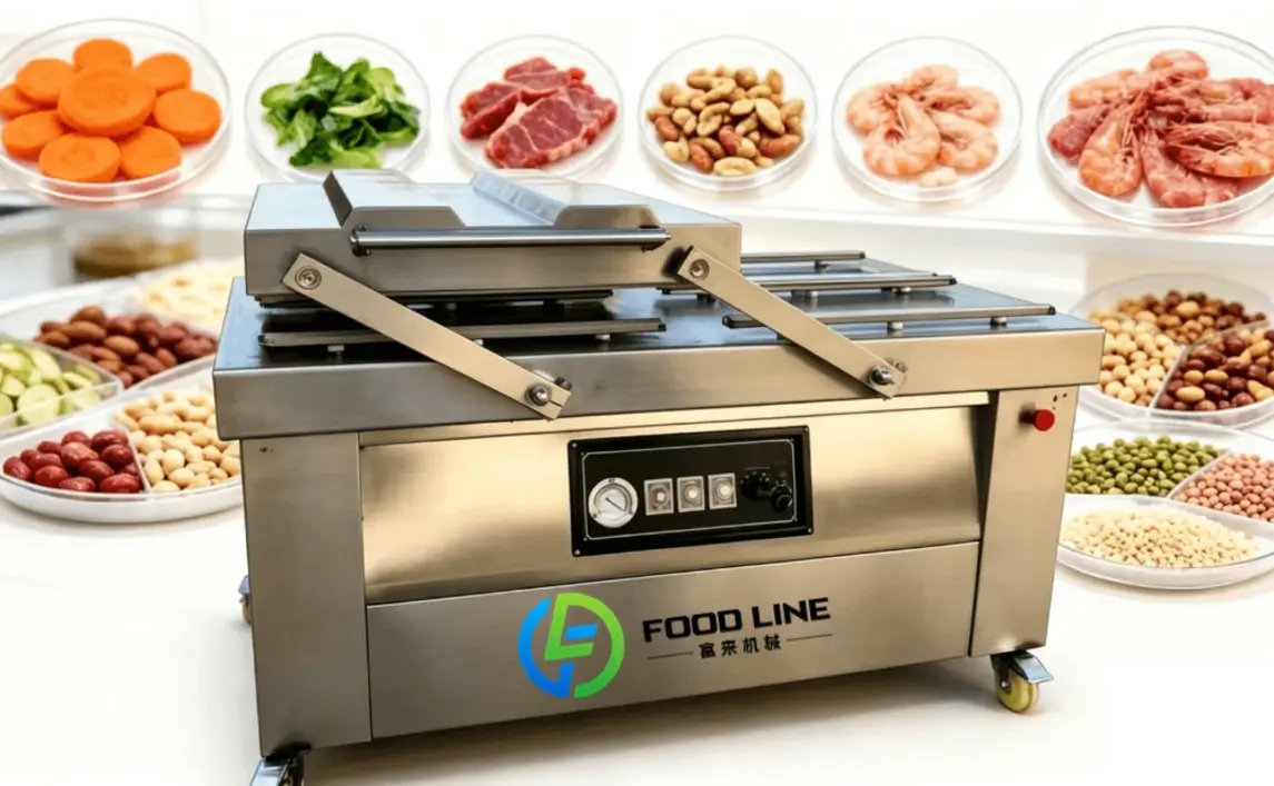 A large industrial double chamber vacuum packaging machine is surrounded by various bowls of prepared foods, including vegetables, meats, nuts, and legumes.