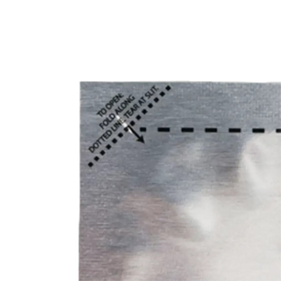 Close-up of a pouch top seal with a marked tear notch and directional arrow.