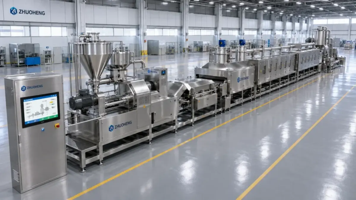 Stainless steel food processing line with control panels, hoppers, conveyors, and enclosed processing equipment in a factory.