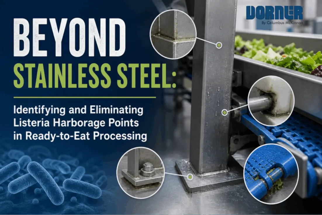 Close-up of food processing equipment showing metal joints and conveyor belt inspections.