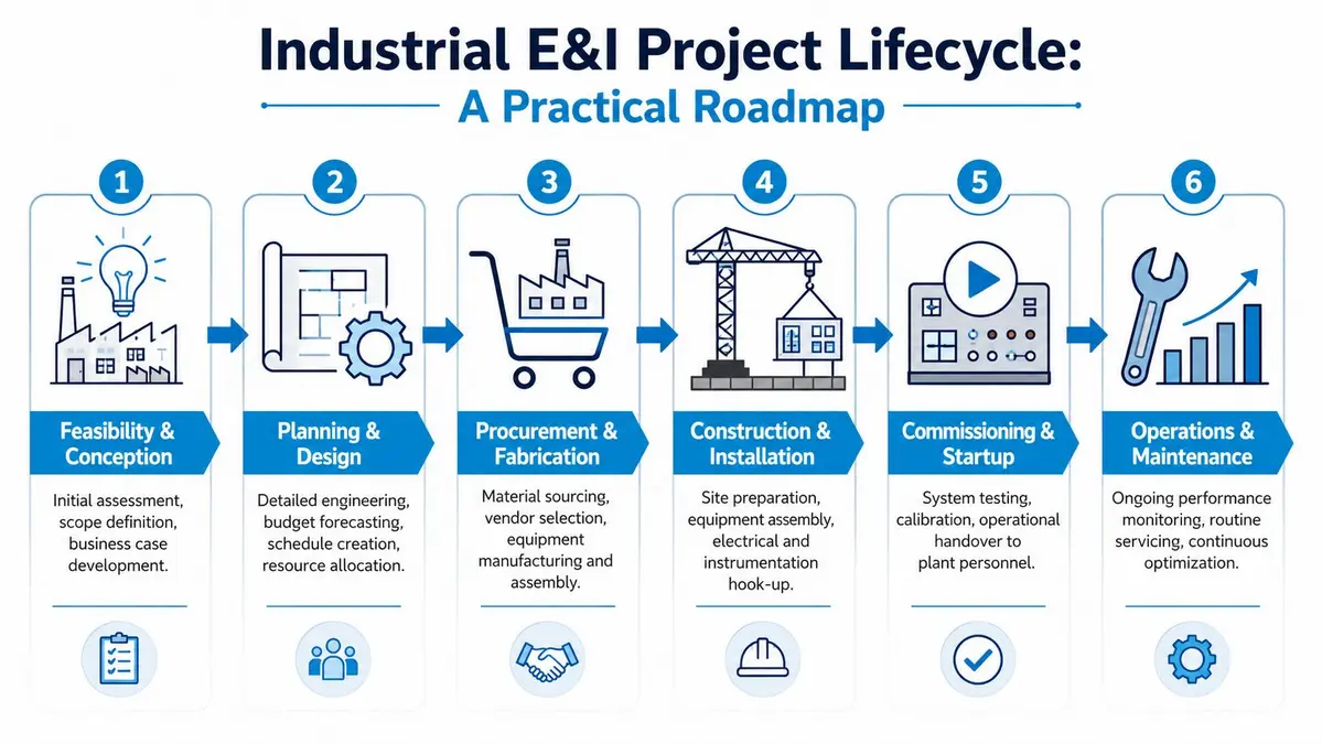 This diagram outlines the six-stage Industrial E&I Project Lifecycle, beginning with Feasibility & Conception and progressing through Planning & Design, Procurement & Fabrication, Construction & Installation, Commissioning & Startup, to final Operations & Maintenance, each step illustrated with icons and key activities.