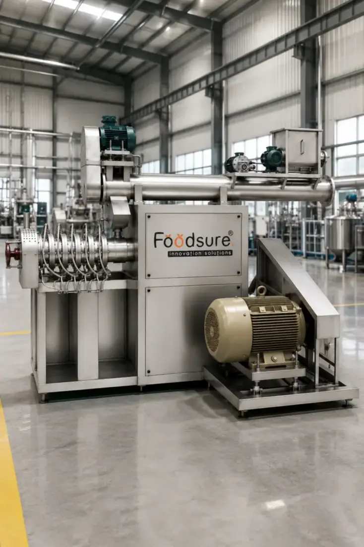 A food extruder machine in a production facility with an attached motor.