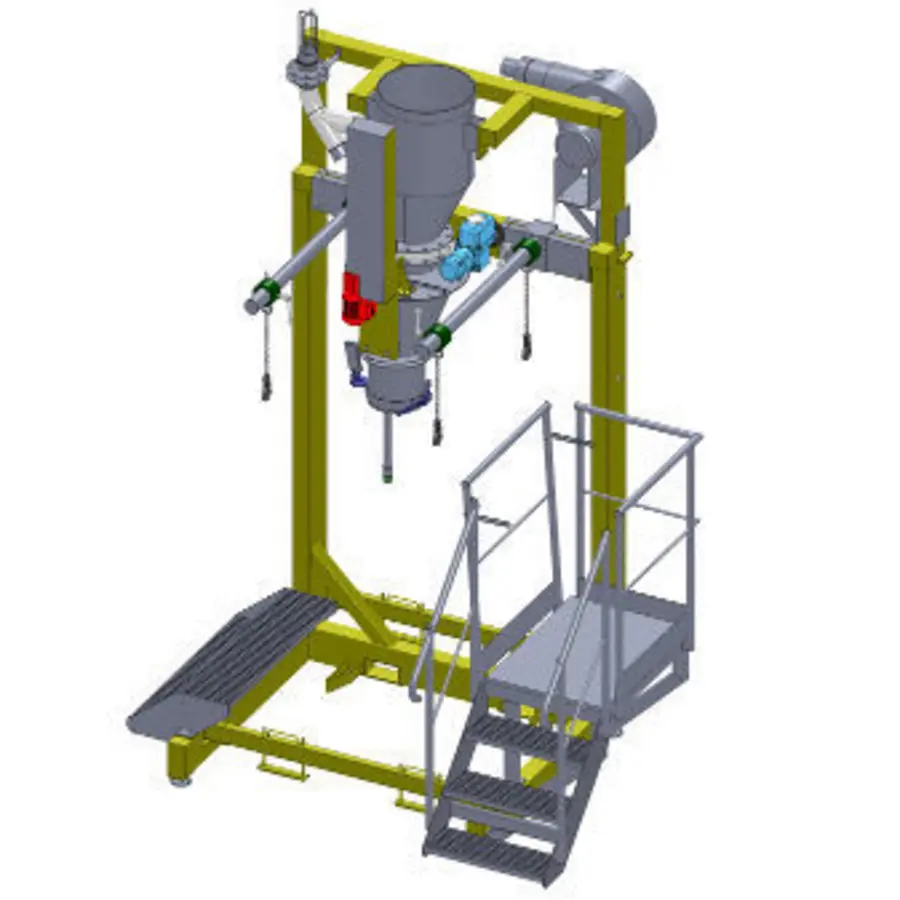 Automated filling machine with a platform, stairs, and adjustable components.