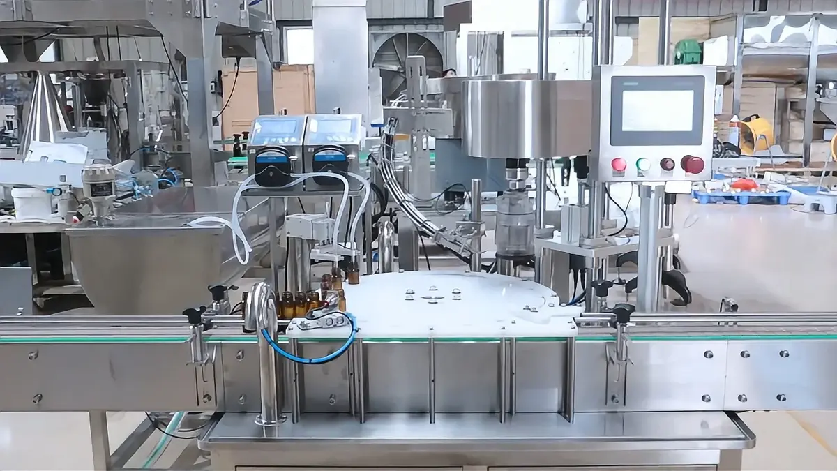 Industrial food filling machine with multiple interconnected components in a production setting.