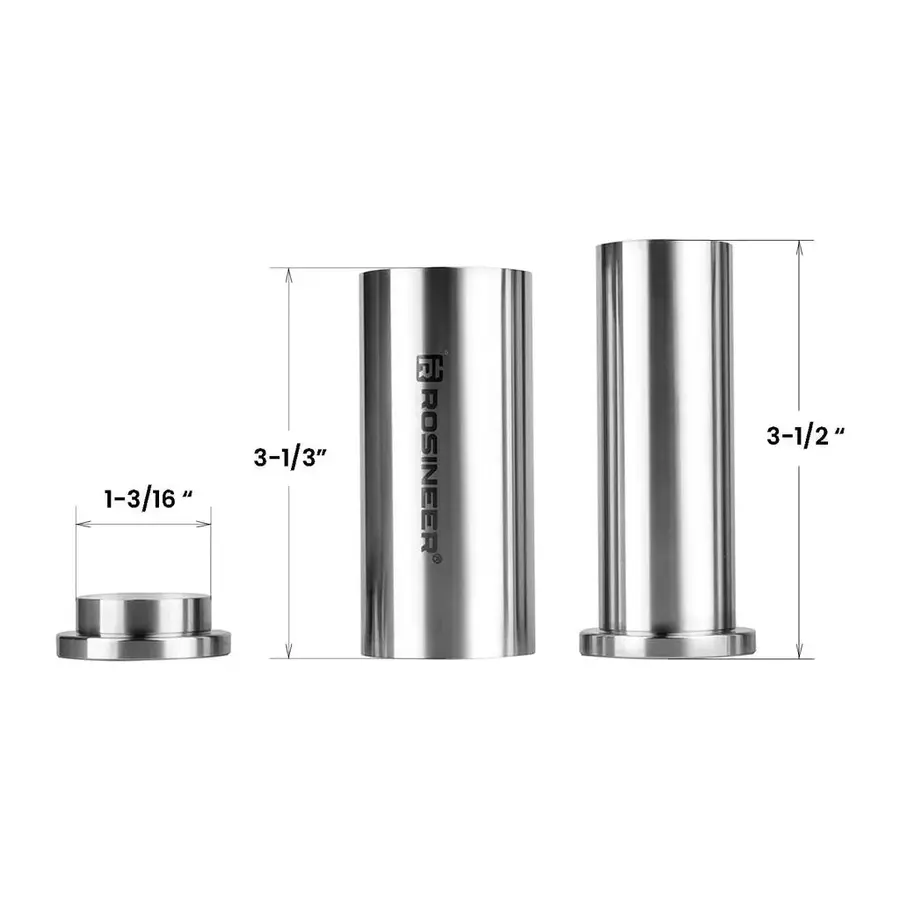 Three stainless steel molds of varying heights and a base shown against a plain background.