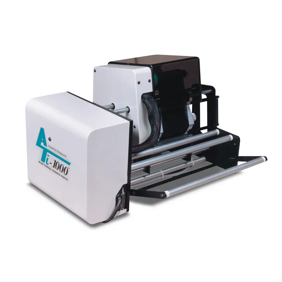 A compact thermal printer with a white exterior and gray accents.
