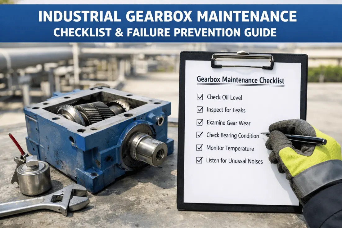 A man wearing yellow gloves is writing on a clipboard next to a blue industrial gearbox, with a checklist of maintenance tasks visible on the clipboard.