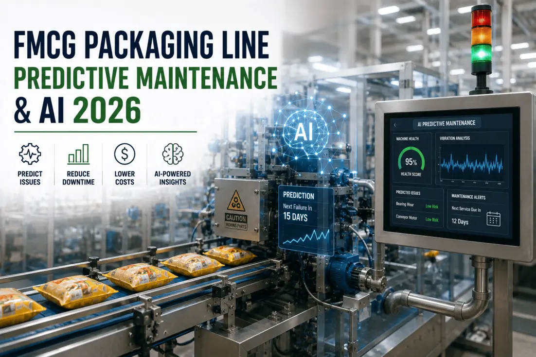 Manufacturing facility with automated packaging line, showcasing machinery and a digital display for maintenance monitoring.
