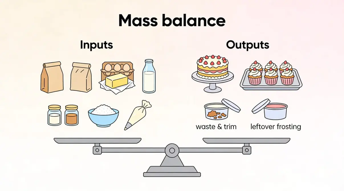 Mass balance illustration showing baking inputs on one side and cakes, cupcakes, waste, and leftover frosting as outputs.