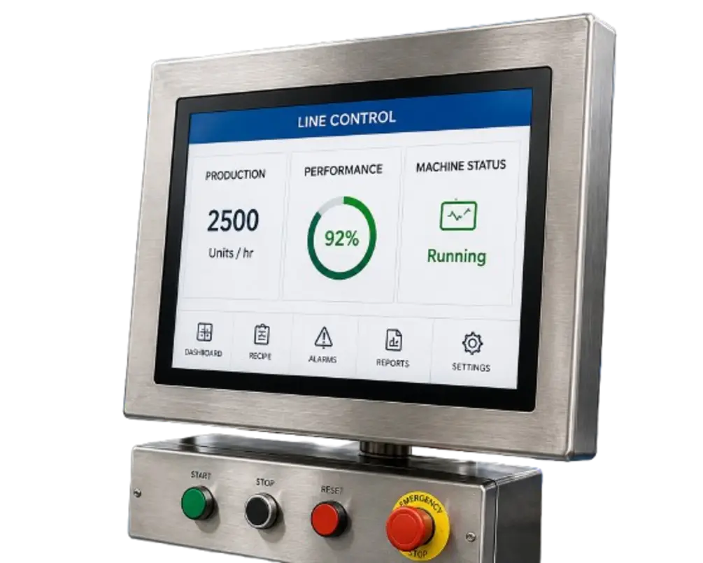Stainless steel industrial touchscreen displaying production, performance, machine status, and control buttons.