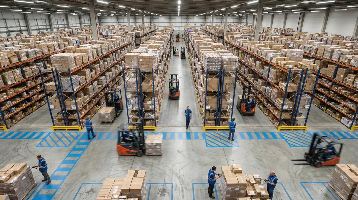 Warehouse interior with shelves of boxed goods and workers using forklifts for logistics.