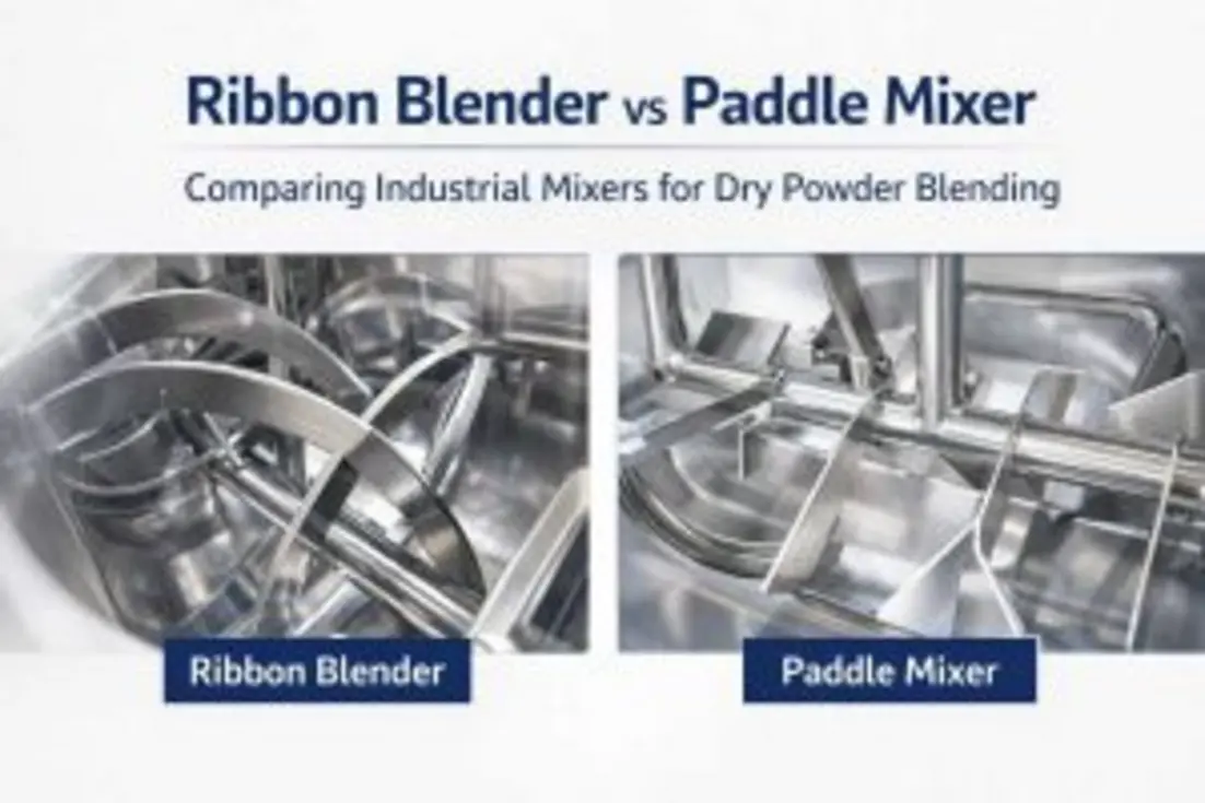 Comparison of ribbon blender and paddle mixer used for dry powder blending.