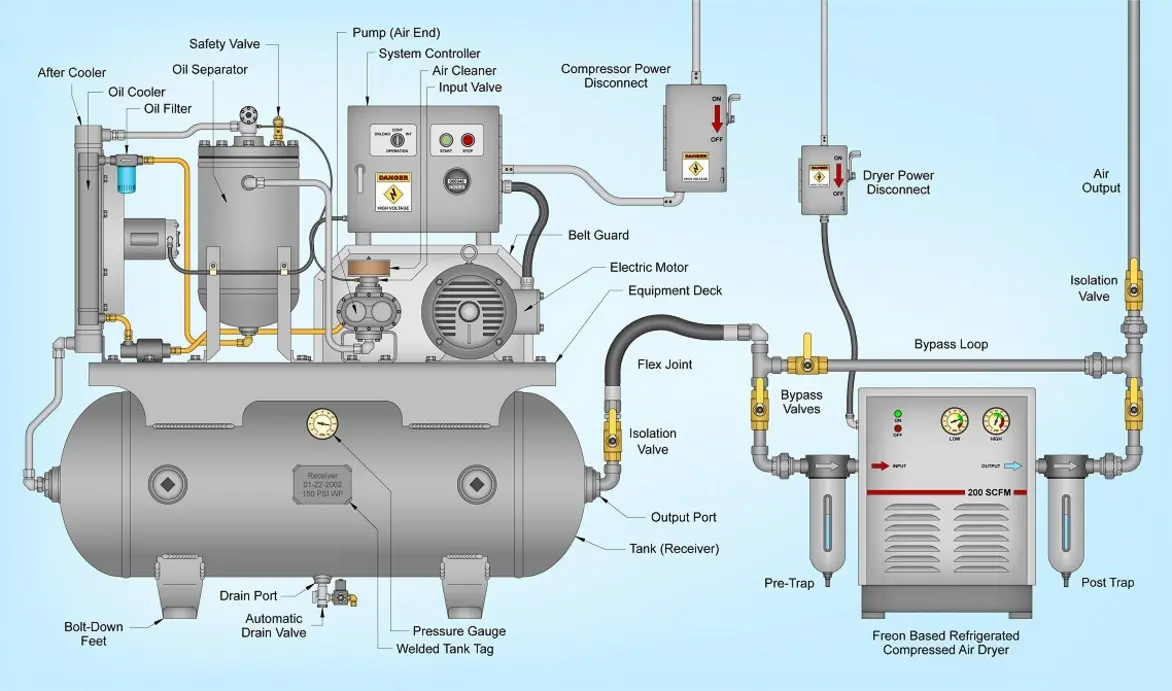 Diagram illustrating the major components of a compressed air treatment system.