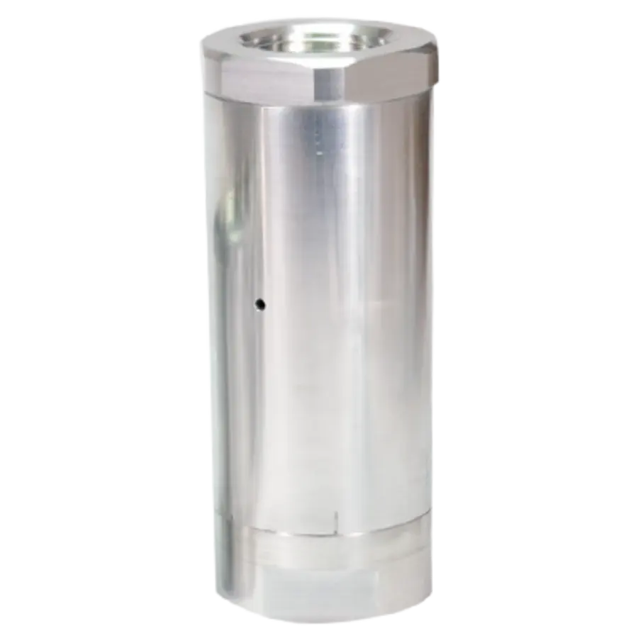 Metal cylindrical canister with hexagonal top and a small hole on the side.