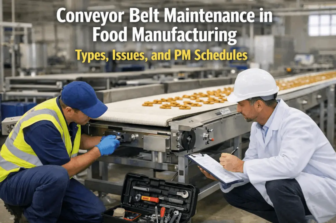 A maintenance technician in a white coat and hard hat inspects a stainless steel conveyor belt while a worker in a high-visibility vest and blue cap records observations in an industrial food manufacturing facility.