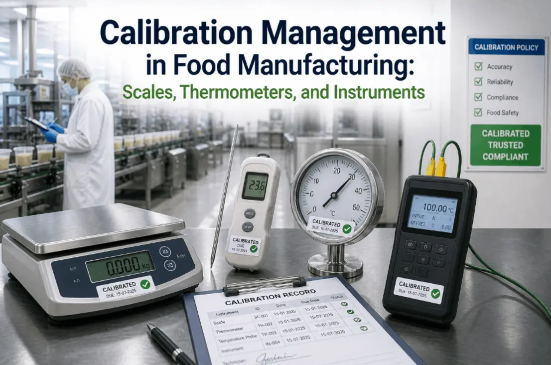 Calibration instruments and equipment on a table with a calibration record form.