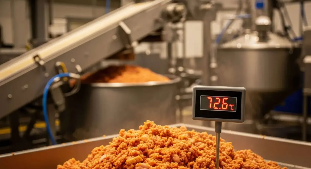Calibration display next to a pile of processed food in an industrial setting.