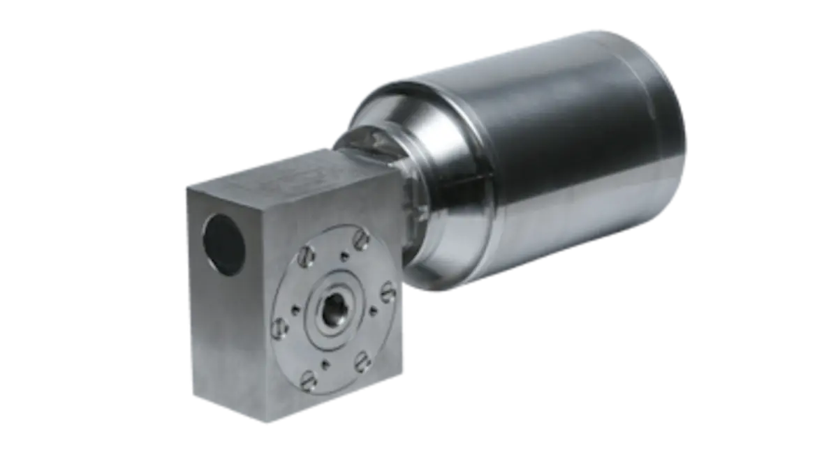 Stainless steel food processing equipment component with a cylindrical body and square attachment.