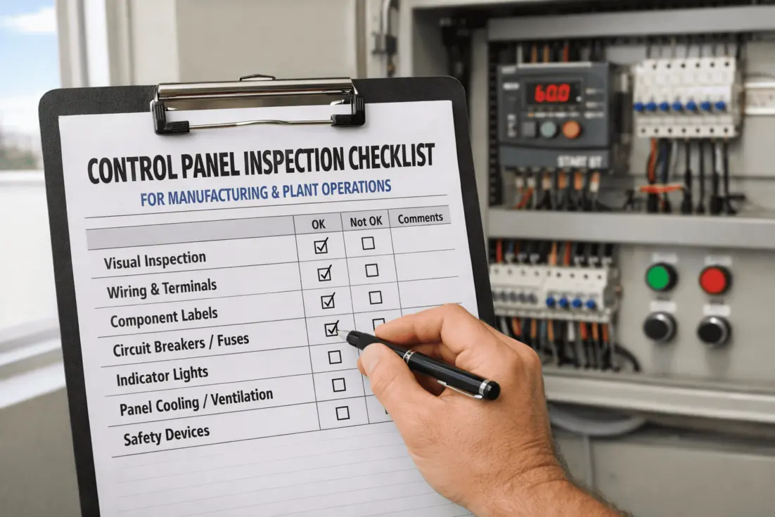 Clipboard with control panel inspection checklist and panel with electrical components.