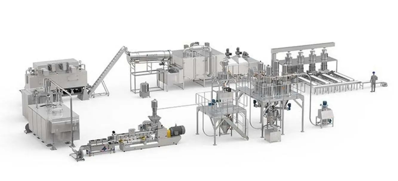 Industrial food processing equipment layout with various machines and conveyor systems.