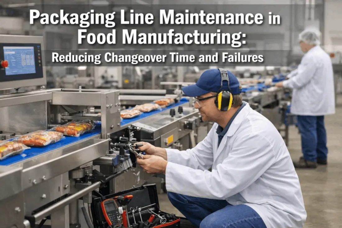 Worker in protective clothing uses tools to inspect food packaging machinery beside a
