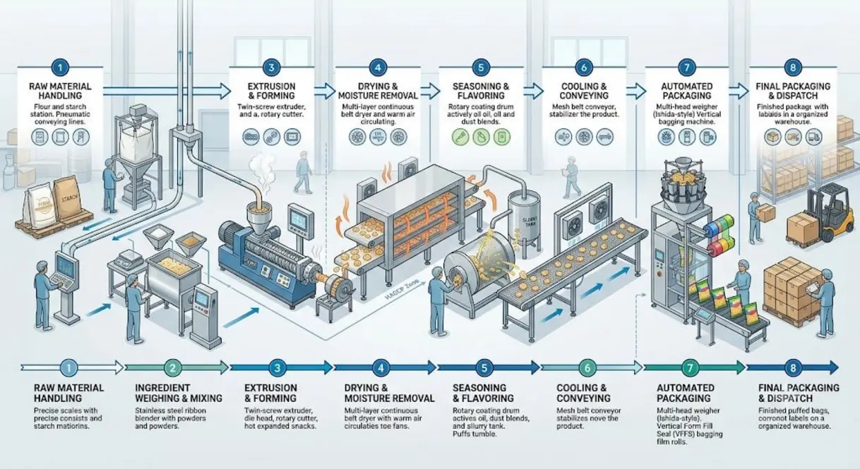 A comprehensive industrial food processing line depicts various stages, including raw material handling, extrusion, drying, seasoning, cooling, automated packaging, and final dispatch, with personnel operating and monitoring the machinery throughout the process.