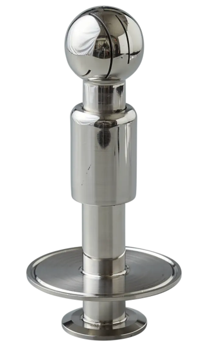 Stainless steel CIP fitting with a spherical top and cylindrical body.