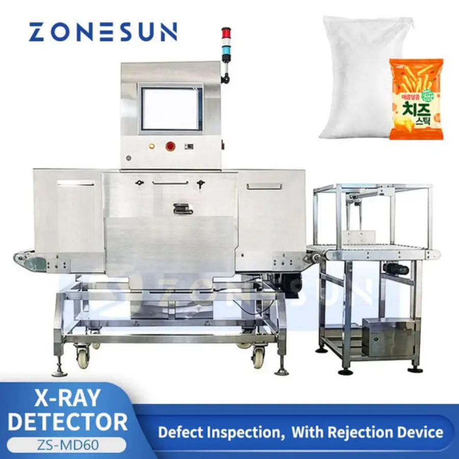 X-ray inspection machine with infeed conveyor and reject device next to snack bag.