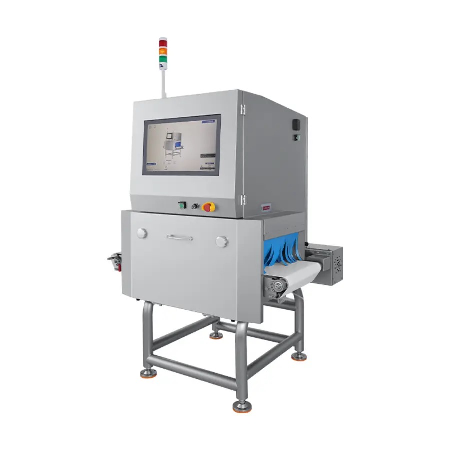X-ray inspection system for packaged products with a touchscreen interface and conveyor belt.