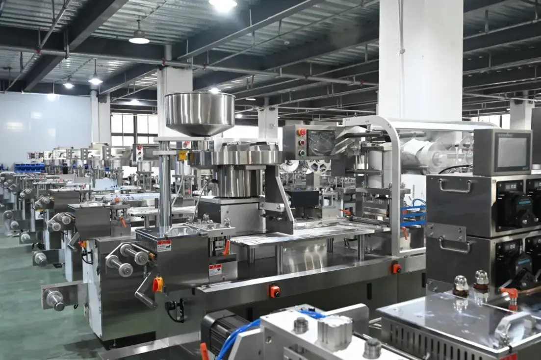 Modern food manufacturing equipment arranged in a production facility.