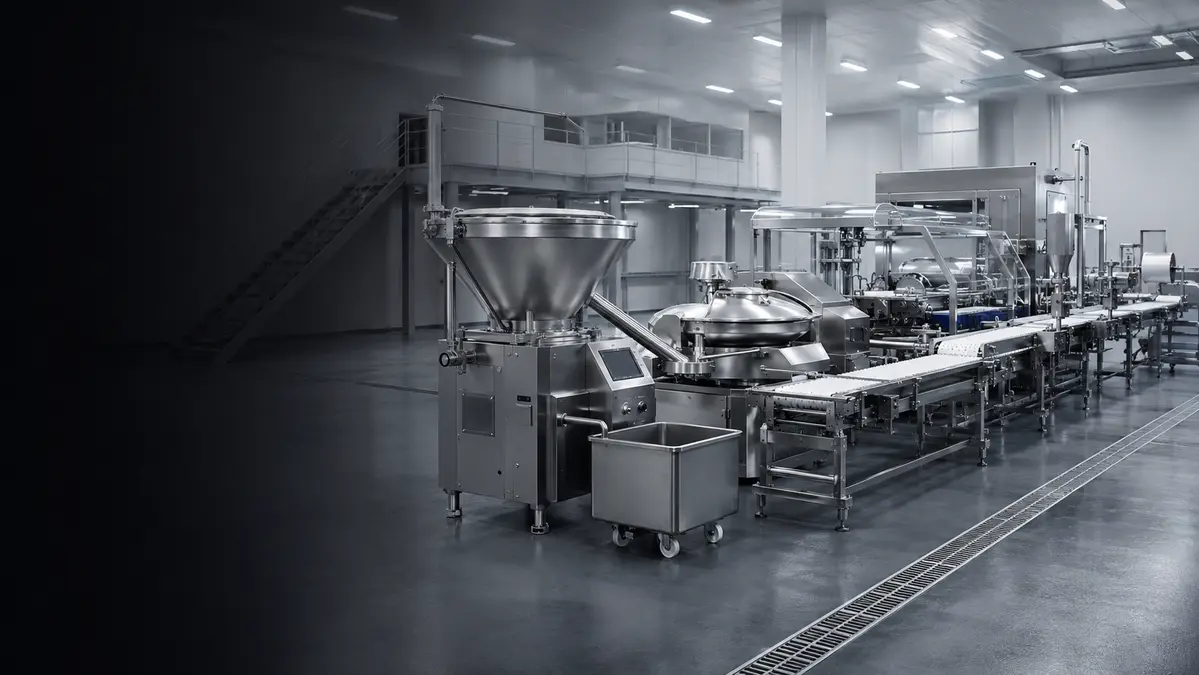 Industrial meat processing equipment arranged in a clean, spacious facility.