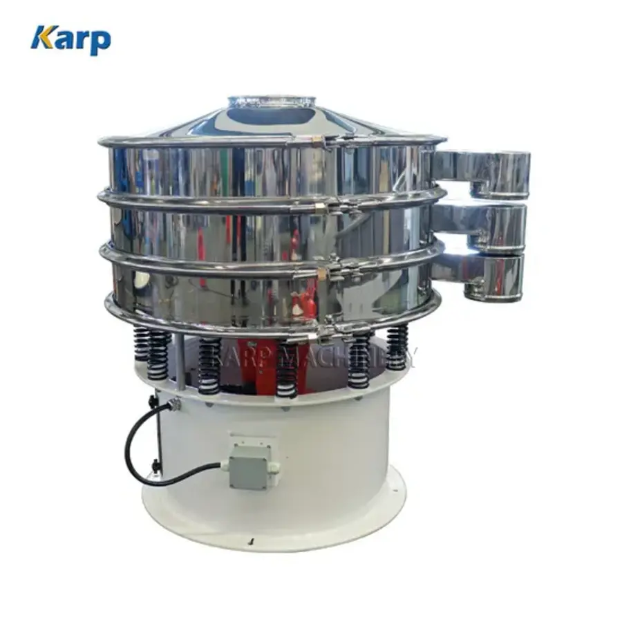 Vibratory sieve with stainless steel body, multiple screening levels, and adjustable spring mounts.