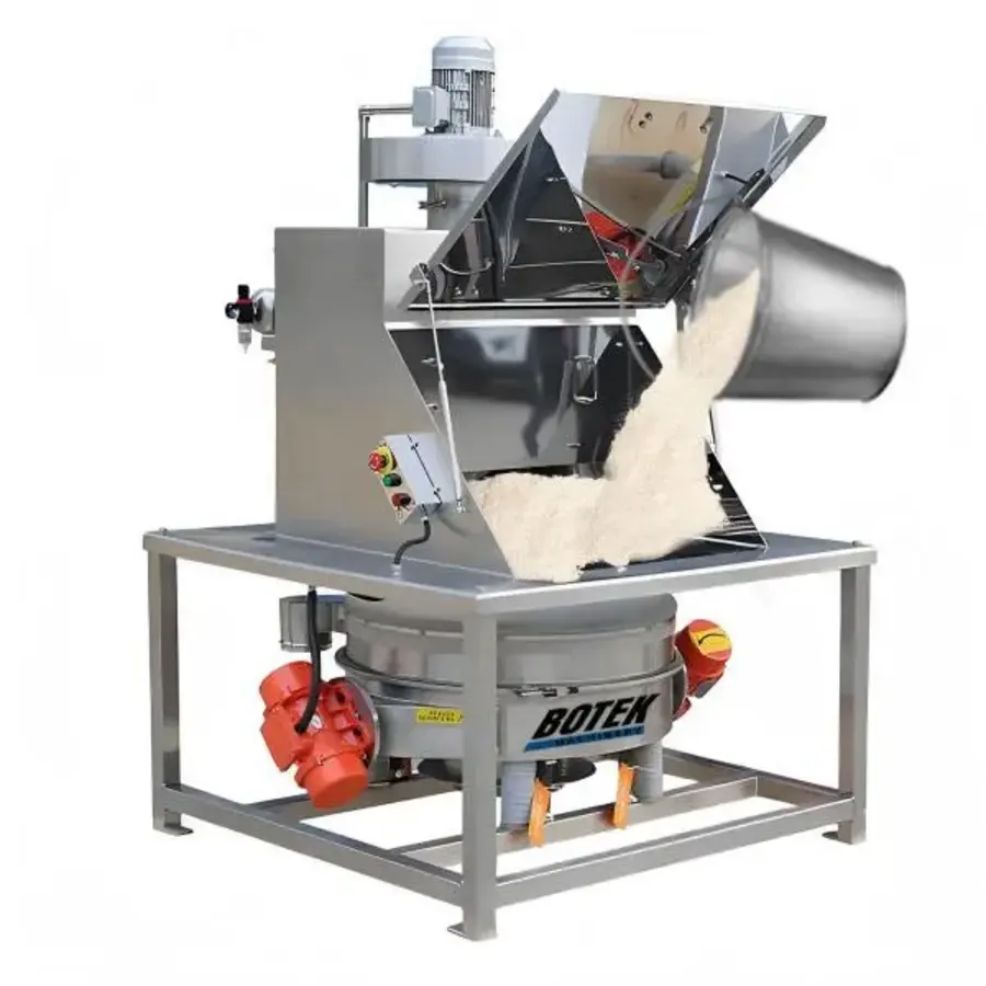 Vibratory sieve positioned above a collection hopper, with ingredients being discharged.