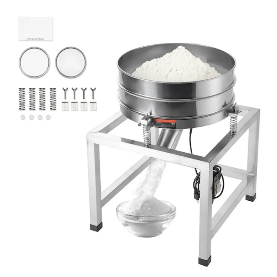 Sanitary vibratory sieve with a large bowl, support frame, and various accessories.