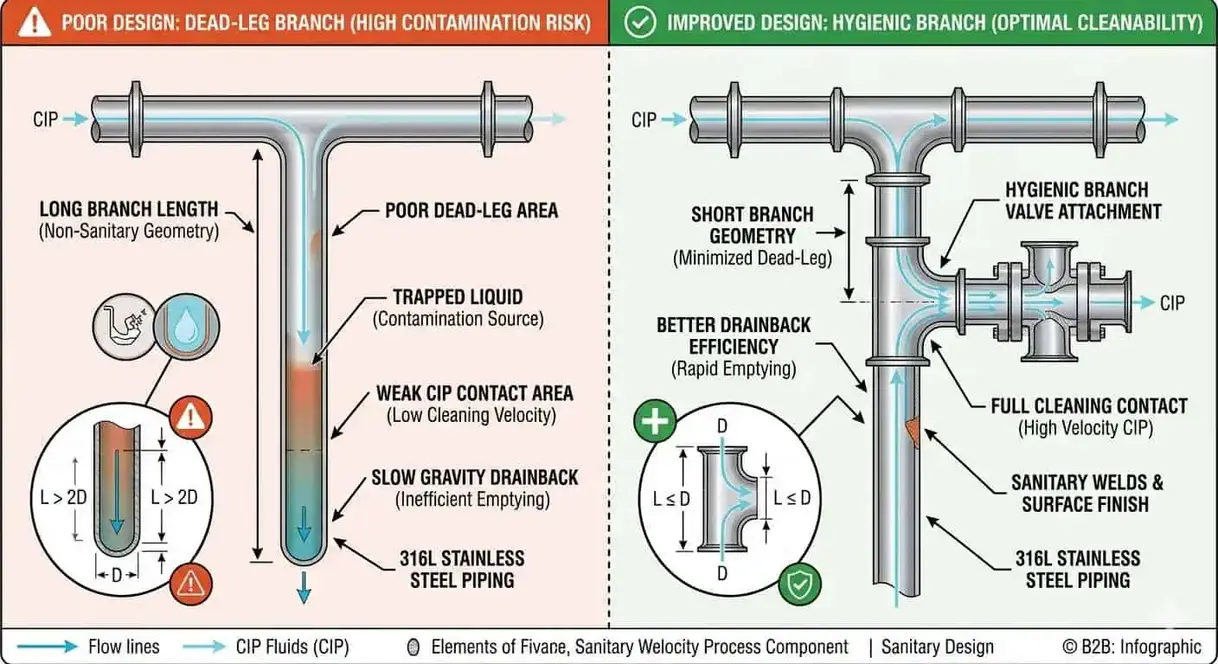 Comparison of poor and improved pipe designs for hygienic food processing equipment.