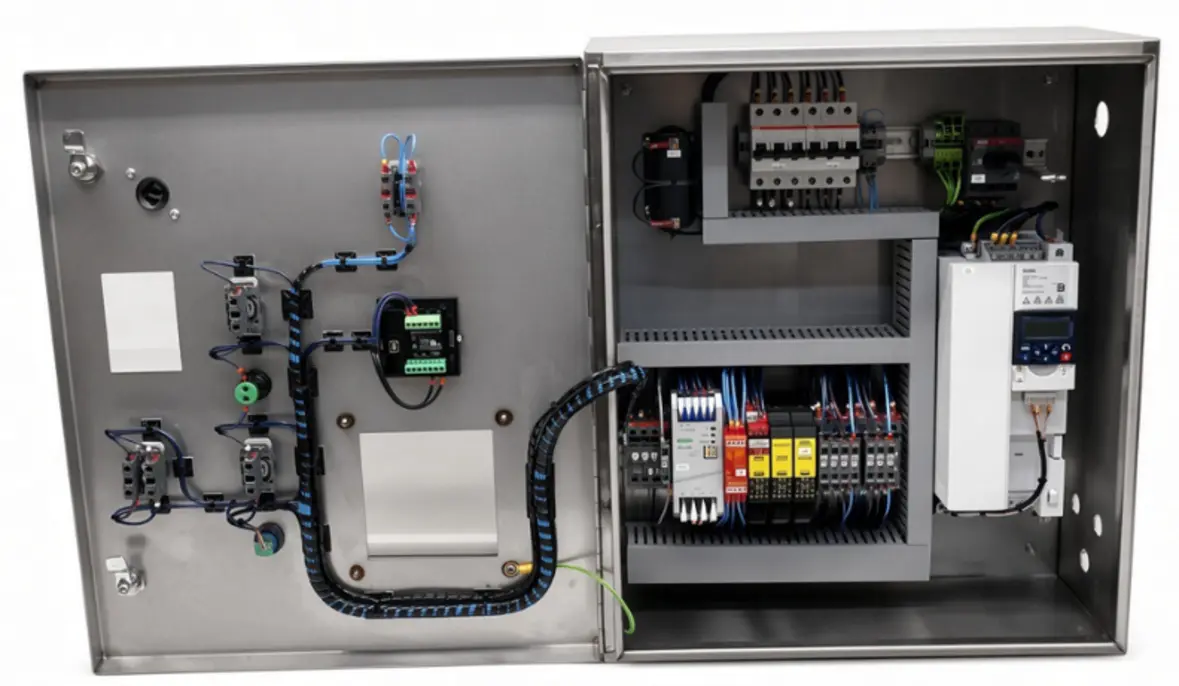Open industrial electrical control cabinet with circuit breakers, wiring terminals, relays, and components mounted on the door and backplate