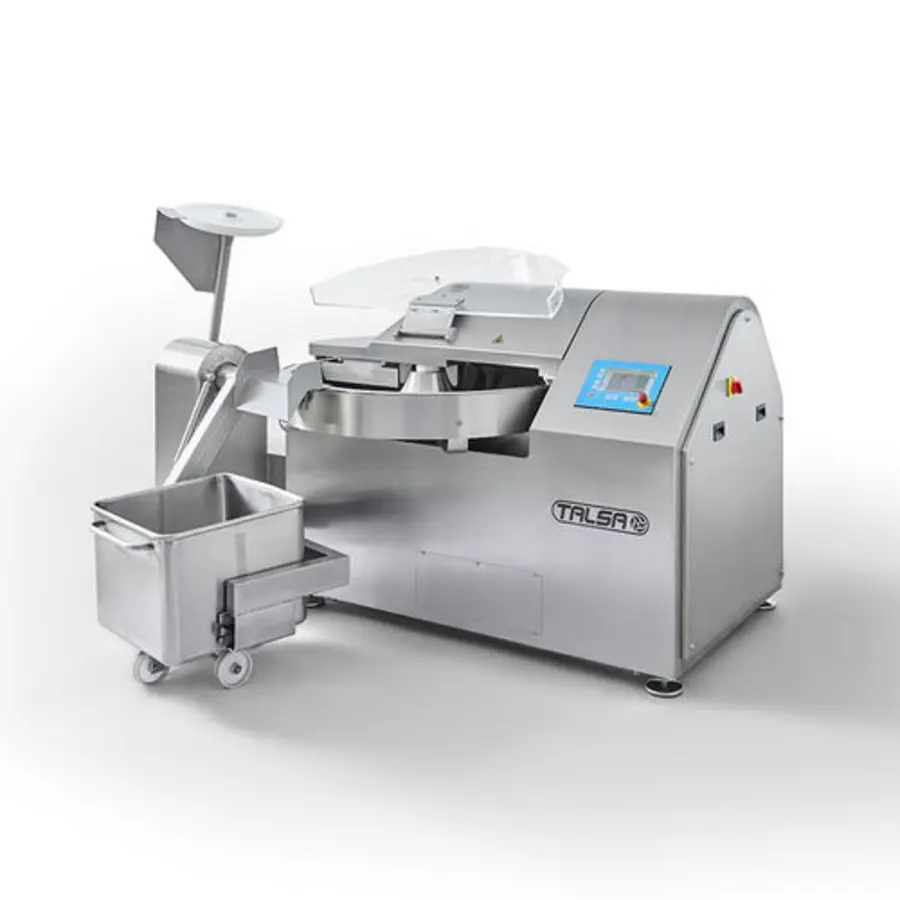Industrial cutter mixer with an open rotating bowl, overhead knife assembly, control panel, and wheeled collection bin.